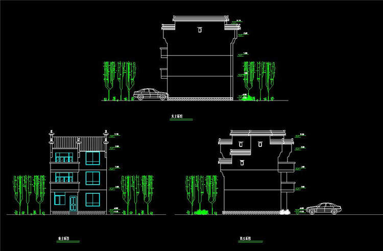 09三层别墅(带庭院)徽派风格建筑平立面CAD图纸
